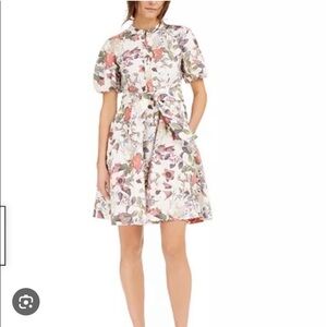 INC NWOT floral Poplin full skirt bubble Puff sleeve dress Sz L Tie Waist A Line